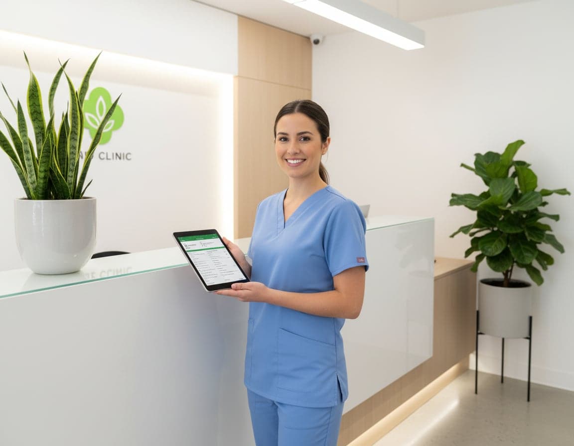 Klinik resepsiyonunda tablet kullanan sağlık çalışanı